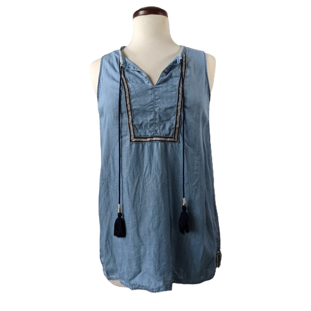 Max Jeans Sleeveless Top Chambray Tunic with Lurex, Fringe & Bead Tassels detail